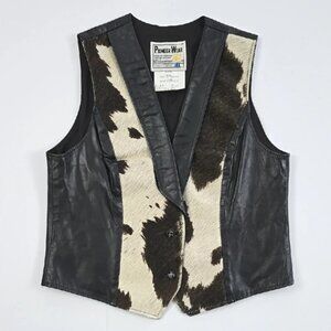 Pioneer Wear Vintage Women's Black Leather Cream Cow Hide Western Vest Size 14
